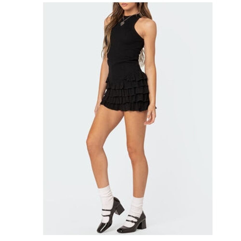 Edikted Margot Black Ribbed Ruffle Hem Mini Dress Size M